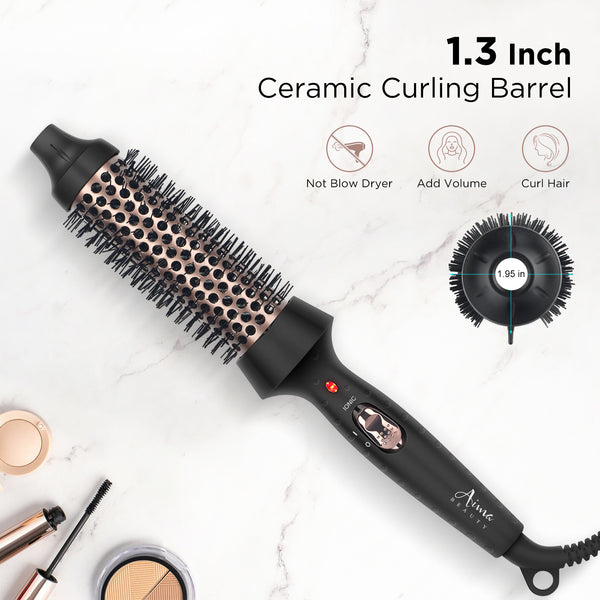 Aima Beauty Thermal Brush, 1.3"/35mm Volumizing Brush Makes Hair Silky Smooth, Ionic Hot Brush Create Smooth & Shiny Loose Curls, Fast Heating, Dual Voltage, 60Mins Auto Shut Down, Black