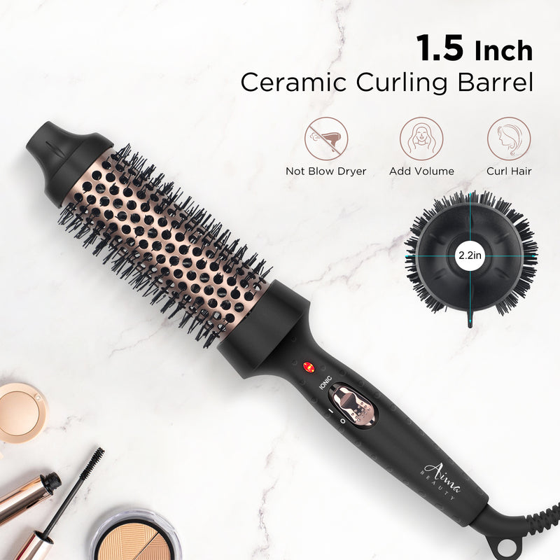 Aima Beauty Thermal Brush, 1.3"/35mm Volumizing Brush Makes Hair Silky Smooth, Ionic Hot Brush Create Smooth & Shiny Loose Curls, Fast Heating, Dual Voltage, 60Mins Auto Shut Down, Black