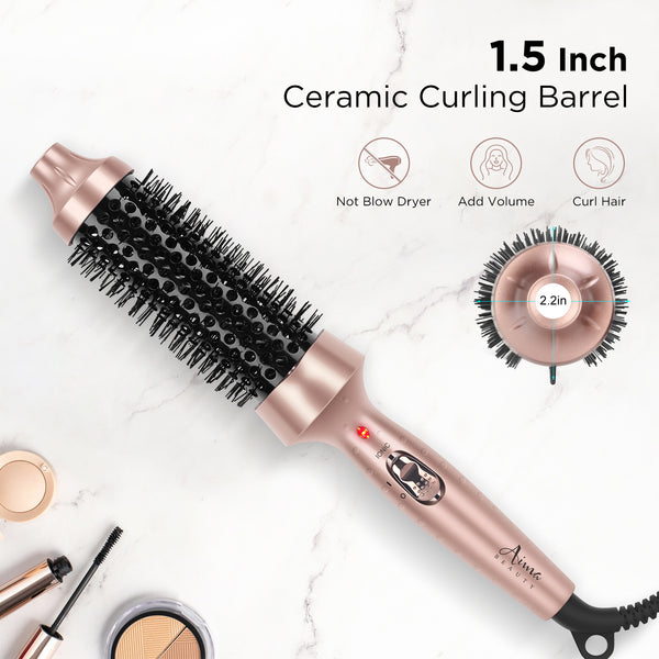 Aima Beauty Thermal Brush, 1.5"/40mm Volumizing Brush Makes Hair Silky Smooth, Ionic Hot Brush Create Smooth & Shiny Loose Curls, Fast Heating, Dual Voltage, 60Mins Auto Shut Down, Gold