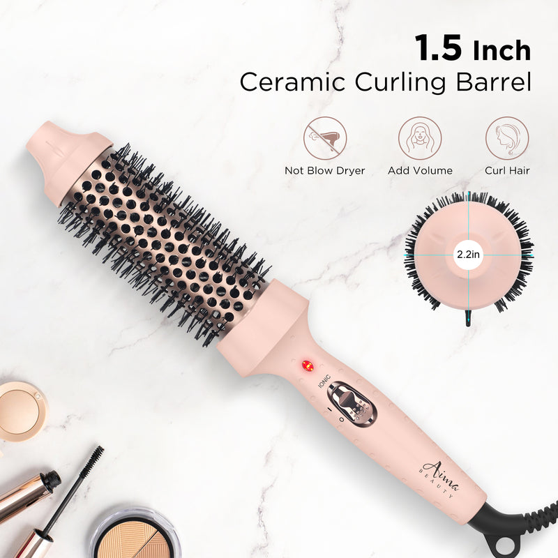 Aima Beauty Thermal Brush, 1.3"/35mm Volumizing Brush Makes Hair Silky Smooth, Ionic Hot Brush Create Smooth & Shiny Loose Curls, Fast Heating, Dual Voltage, 60Mins Auto Shut Down, Pink