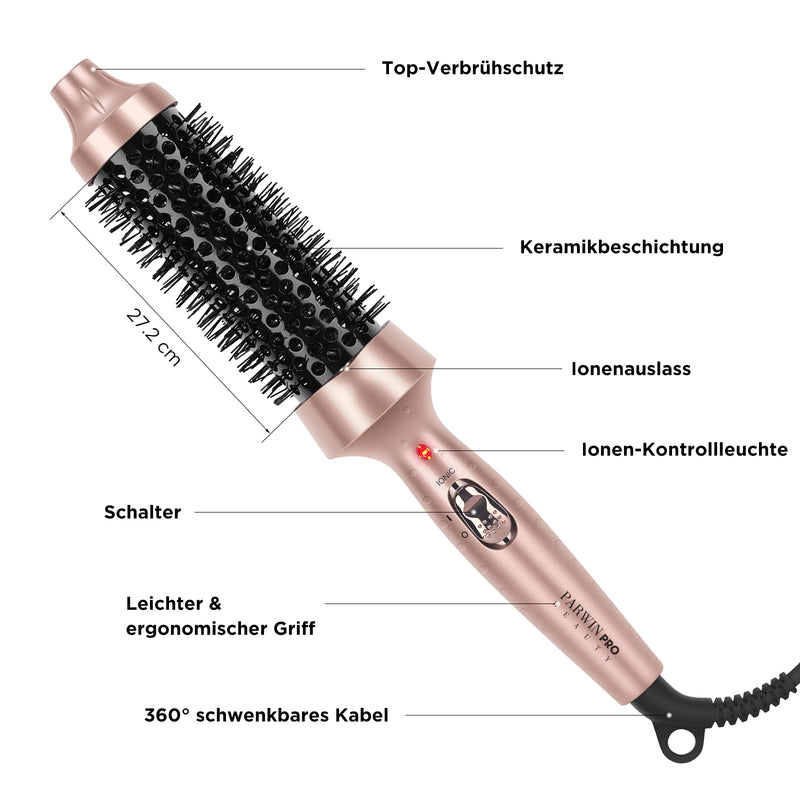 PARWIN PRO BEAUTY Thermal Brush Lockenbürste 35mm mit Heizung Keramik Turmalin Glätteisen Lockenstab wärmebürste Double Spannung Stylingbürsten für Reise Geschenke für Frauen