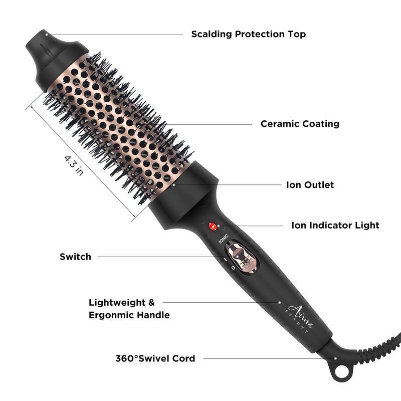 Aima Beauty Thermal Brush, 1.3"/35mm Volumizing Brush Makes Hair Silky Smooth, Ionic Hot Brush Create Smooth & Shiny Loose Curls, Fast Heating, Dual Voltage, 60Mins Auto Shut Down, Black